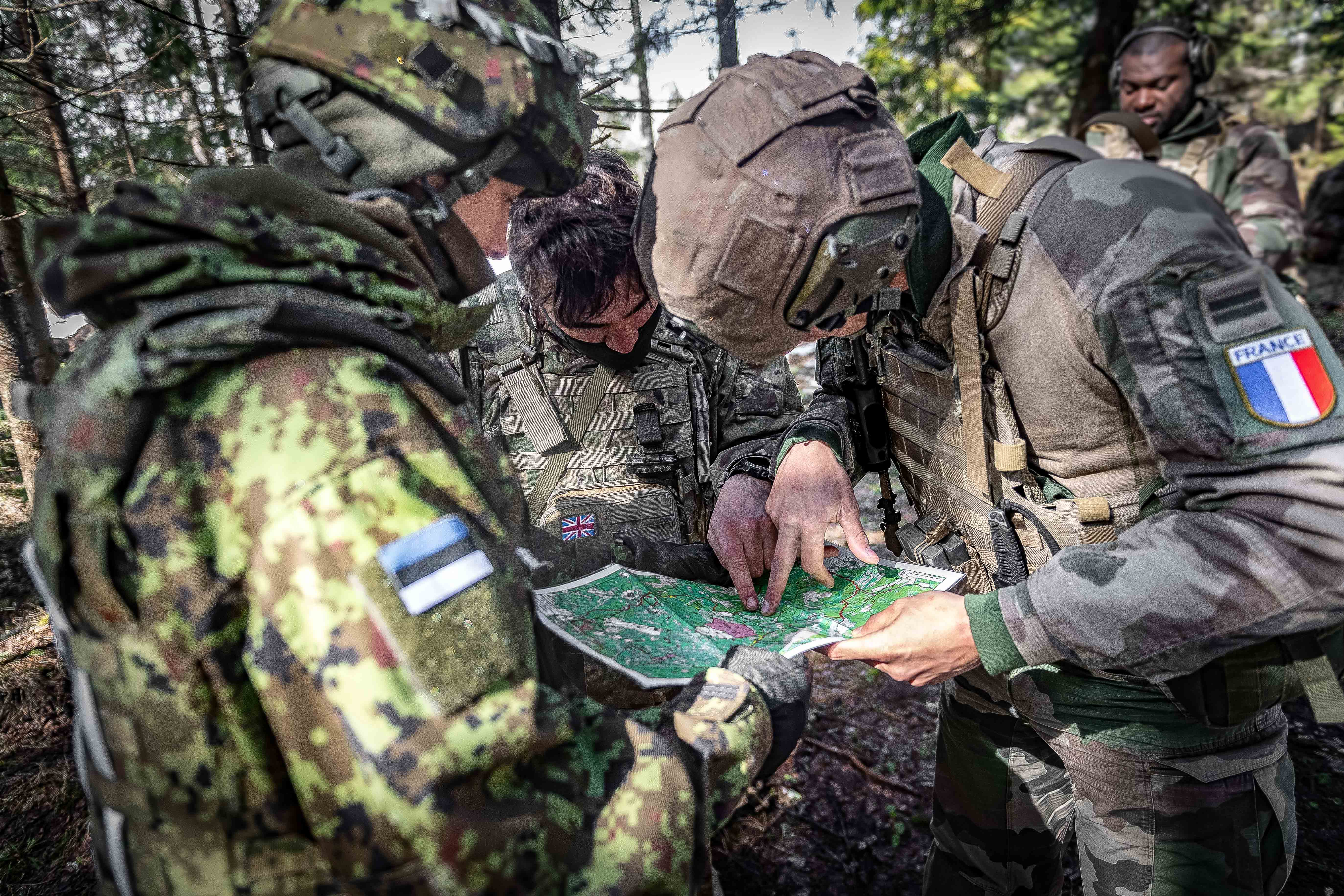 Un chef de section français et son homologue britannique font un point topographique sous le regard attentif d'un arbitre estonien lors de l'exercice Bold Dragon.