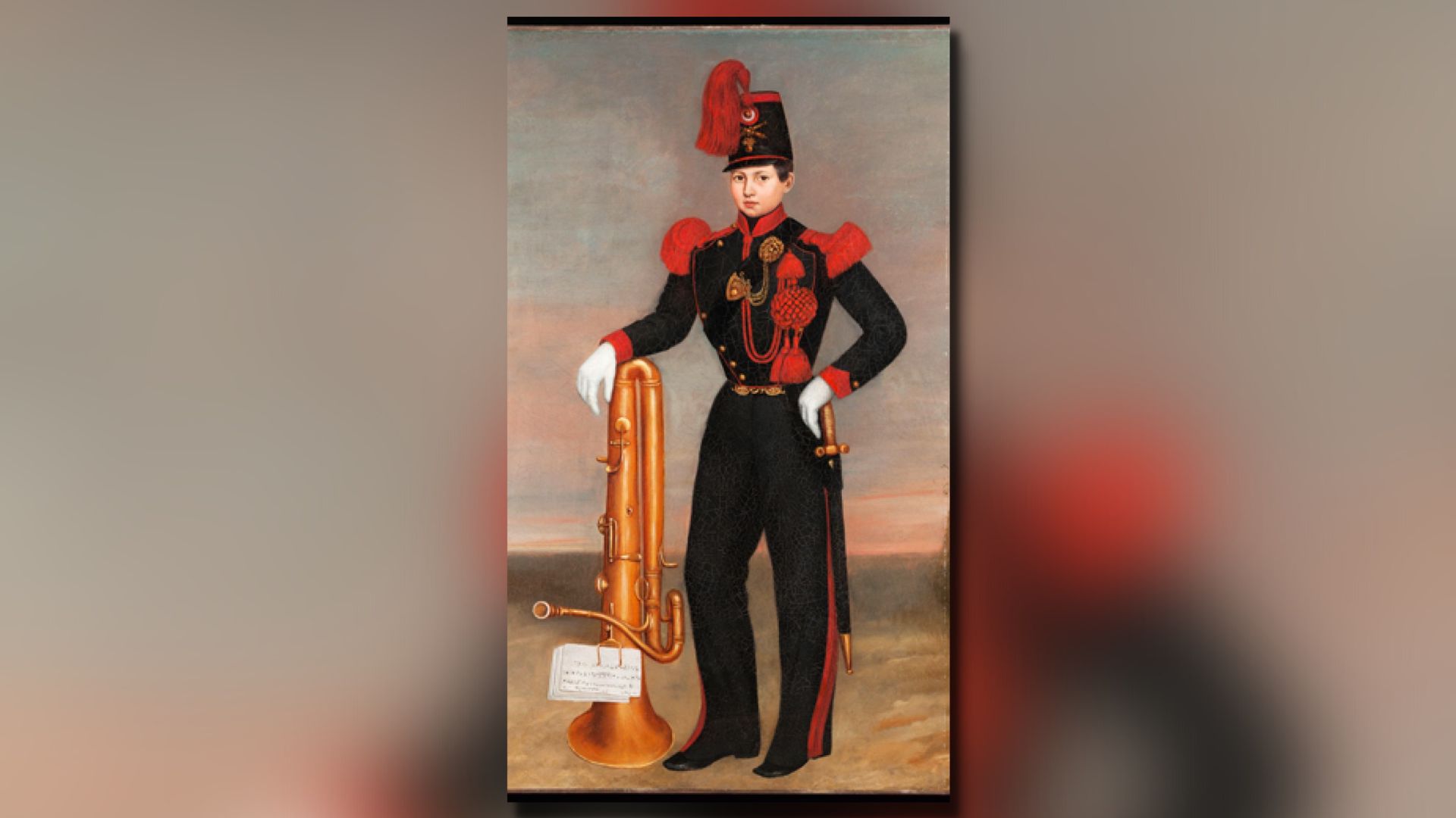  "Jeune musicien à l'ophicléide". Ce portrait anonyme représente un élève soldat musicien d'artillerie à cheval de la Garde nationale.