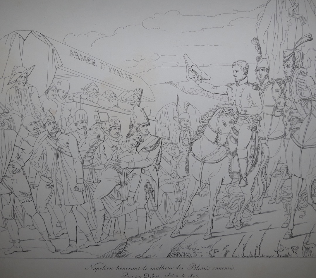 D’après Jean-Baptiste Debret (1768-1848), Napoléon Ier saluant un convoi de blessés autrichiens de la garnison d’Ulm, octobre 1805 - Planche extraite des Guerres de la Révolution française et du Premier Empire, vers 1880.